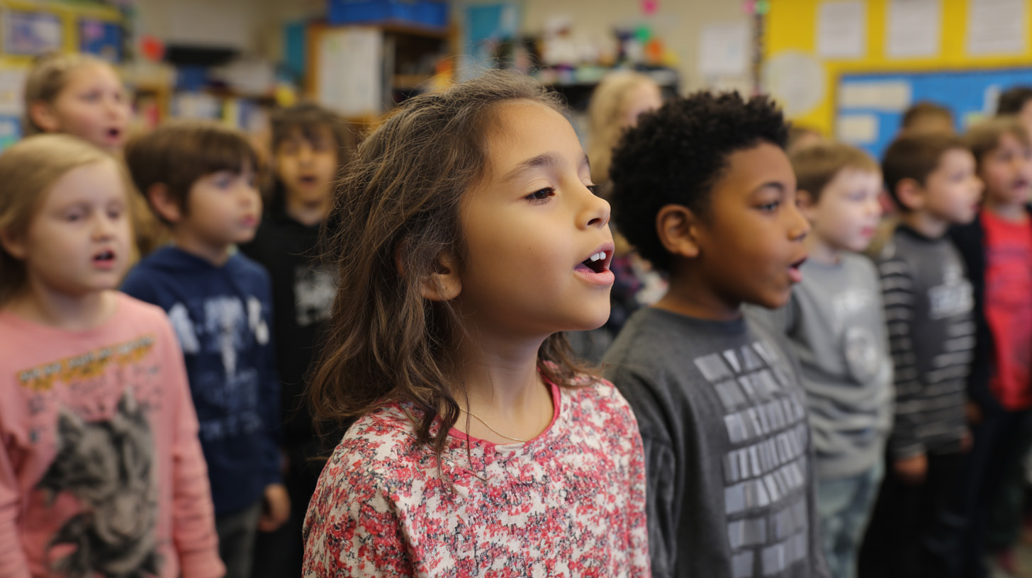 Rows of School children sing